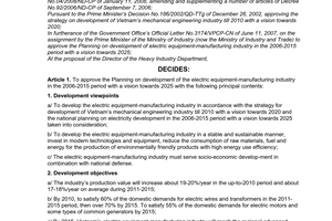 Decision No. 48/2008/QD-BTC of December 19, 2008, approving the planning on development of the electric equipment-manufacturing industry in the 2006-2015 period with a vision towards 2025.
