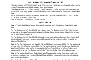 Quyết định 3777/QĐ-BGTVT thành lập Chi cục đường thuỷ nội địa phía Bắc thuộc Cục Đường thuỷ nội địa Việt Nam