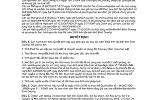 Quyết định 72/2008/QĐ-UBND quy định giá các loại đất năm 2009 trên địa bàn tỉnh Bình Dương