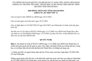 Nghị quyết 116/2008/NQ-HĐND chính sách bộ quản lý giáo viên thuộc diện dôi dư Thanh Hóa