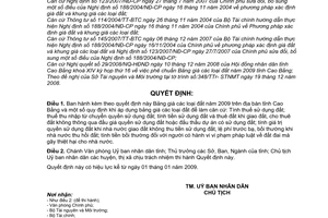 Quyết định 2962/2008/QĐ-UBND bảng giá các loại đất năm 2009 trên địa bàn tỉnh Cao Bằng