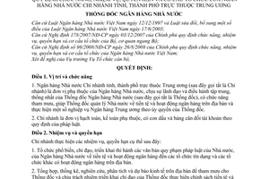 Quyết định 3169/QĐ-NHNN quy định chức năng, nhiệm vụ, quyền hạn và cơ cấu tổ chức của Ngân hàng nhà nước chi nhánh tỉnh, thành phố thuộc Trung Ương