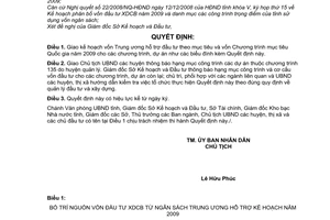 Quyết định 41/2008/QĐ-UBND giao kế hoạch vốn Trung ương hỗ trợ đầu tư theo mục tiêu và vốn Chương trình mục tiêu Quốc gia năm 2009