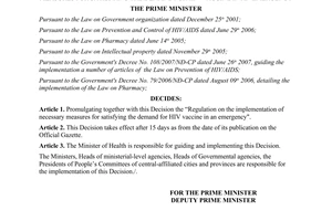 Decision No. 173/2008/QD-TTg promulgating the regulation on the implementation