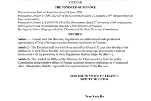 Decision No. 124/2008/QD-BTC of December 26, 2008, issuing regulations on establishment and operation of Representative Offices of Foreign Securities Business Institutions in Vietnam