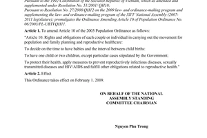 Ordinance No. 08/2008/UBTVQH12 of November 22, 2008, amending article 10 of the population Ordinance