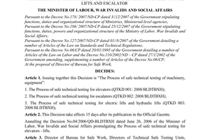 Decision No. 66/2008/QD-BLDTBXH promulgating the process of safe technical testi