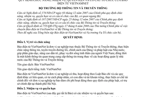 Quyết định 57/2008/QĐ-BTTTT quy định chức năng, nhiệm vụ, quyền hạn và cơ cấu tổ chức của Báo điện tử Vietnamnet