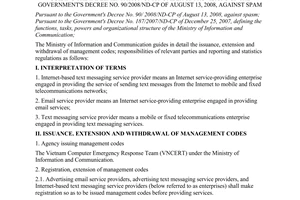 Circular No. 12/2008/TT-BTTTT of December 30, 2008, guiding the implementation of a number of provisions of the Government's Decree No. 90/2008/ND-CP of August 13, 2008, against spam.