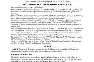 Decision No. 91/2008/QD-BVHTTDL of December 30, 2008, approving the master plan on tourism development in the northern midland and mountainous region up to 2020.