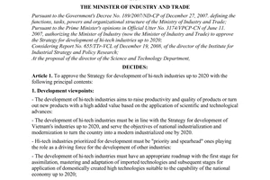 Decision No. 53/2008/QD-BCT of December 30, 2008, approving the strategy for development of hi-tech industries up to 2020