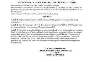 Decision No. 72/2008/QD-BLDTBXH of December 30, 2008,  promulgating the regulation on vocational training registration
