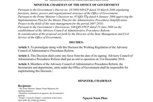 Decision No. 1645/QD-VPCP of December 30, 2008, on promulgating the working regulation of the advisory council of administrative procedures reform