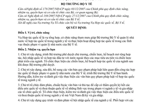Quyết định  52/2008/QĐ-BYT quy định chức năng, nhiệm vụ, quyền hạn và cơ cấu tổ chức của Vụ Hợp tác quốc tế thuộc Bộ Y tế