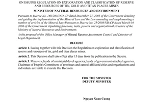 Decision No.14/2008/QD-BTNMT exploration classification of reserve and resources of tin gold