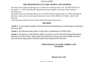 Decision No. 86/2008/QD-BVHTTDL of December 30, 2008, promulgating the regulation on archeological exploration and excavation.