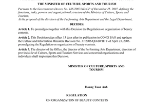 Decision No. 87/2008/QD-BVHTTDL of December 30, 2008, promulgating the regulation on organization of beauty contests