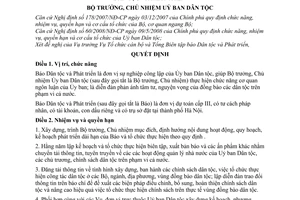 Quyết định  411/QĐ-UBDT quy định chức năng, nhiệm vụ, quyền hạn và cơ cấu tổ chức của Báo Dân tộc và Phát triển