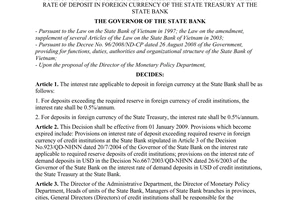 Decision No. 3281/QD-NHNN of December 31, 2008, on the interest rate of deposits exceeding required reserve in foreign currency applicable to credit institutions and interest rate of deposit in foreign currency of the state treasury at the State Bank