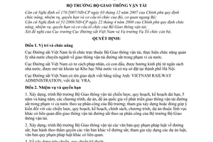 Quyết định 33/2008/QĐ-BGTVT quy định chức năng, nhiệm vụ, quyền hạn và cơ cấu tổ chức của Cục Đường sắt Việt Nam