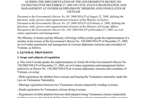 Joint Circular 11/2008/TTLT-BTP-BNG of December 31, 2008, guiding the implementation of the Government's Decree No. 158/2005/ND-CP of December 27, 2005 on civil status registration and management at overseas diplomatic missions and consulates of Vietnam