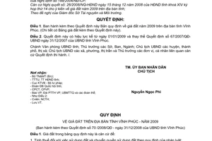 Quyết định 70/2008/QĐ-UBND quy định giá đất trên địa bàn tỉnh Vĩnh Phúc năm 2009