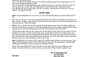 Quyết định  66/2008/QĐ-UBND công bố định mức dự toán duy trì, sửa chữa hệ thống thoát nước đô thị thành phố Hà Nội