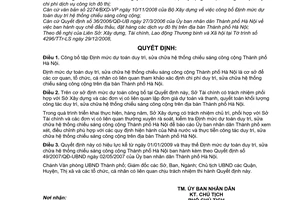 Quyết định 67/2008/QĐ-UBND công bố định mức dự toán duy trì, sửa chữa hệ thống chiếu sáng công cộng thành phố Hà Nội