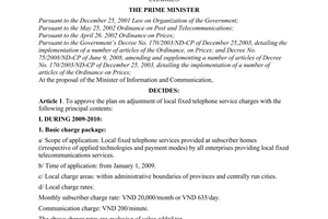 Decision No. 155/2008/QD-TTg of December 1, 2008, approving the plan on adjustment of local fixed telephone service charges.