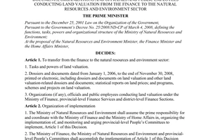Decision No. 1735/QD-TTg of December 1, 2008, transferring tasks and powers of land valuation, dossiers, documents, organizations and officials and public employees conducting land valuation from the finance to the natural resources and environment sector