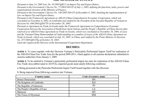 Decision No. 111/2008/QD-BTC promulgating Vietnam’s particularly preferential