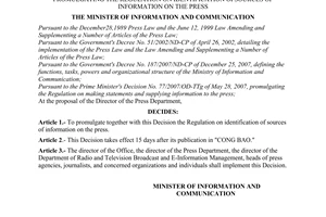 Decision No. 52/2008/QD-BTTTT of December 2, 2008, promulgating the regulation on identification of sources of information on the press.