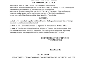 Decision No. 121/2008/QD-BTC of December 24, 2008, promulgating the regulation on activities of foreign investors on Vietnam's securities market.