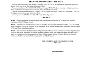 Decision No. 2950/QD-NHNN of December 03, 2008, on the interest rate applicable to required reserve deposit in Vietnam dong of credit institutions