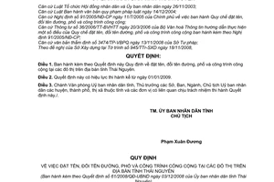 Quyết định 61/2008/QĐ-UBND đặt tên, đổi tên đường, phố công trình công cộng tại các đô thị trên địa bàn tỉnh Thái Nguyên