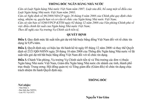 Quyết định 2950/QĐ-NHNN mức lãi suất tiền gửi dự trữ bắt buộc bằng đồng Việt Nam tổ chức tín dụng