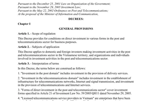 Decree No. 121/2008/ND-CP of December 03, 2008, on investment activities in the post and telecommunications sector.