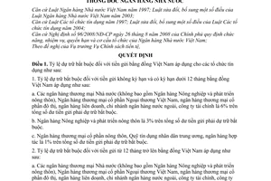 Quyết định 2951/QĐ-NHNN điều chỉnh tỷ lệ dự trữ bắt buộc đối với các tổ chức tín dụng