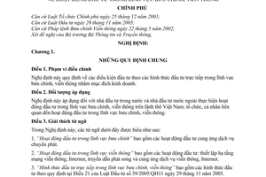 Nghị định 121/2008/NĐ-CP hoạt động đầu tư trong lĩnh vực bưu chính, viễn thông