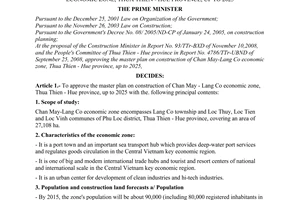 Decision No. 1771/QD-TTg of December 5, 2008, approving the master plan on construction of Chan May-Lang Co economic zone, Thua Thien - Hue province, up to 2025.