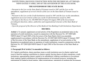 Decision No. 34/2008/QD-NHNN of December 5, 2008, on the amendment, supplement of several articles of the regulation on prudential ratios in the operation of credit institutions, issued in conjunction with the Decision No. 457/2005/QD-NHNN dated 19 April 2005 of the Governor of the State Bank