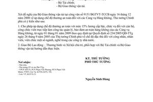Công văn 52/TTg-KGVX áp dụng chế độ thưởng an toàn Cảng vụ Hàng không