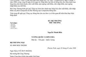 Công văn 0319/BCT-KV1 Campuchia thông báo danh mục hàng hóa cấm