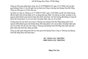 Công văn 214/TCHQ-KTTT  xoá nợ thuế của Công ty thương mại Quảng Nam Đà Nẵng