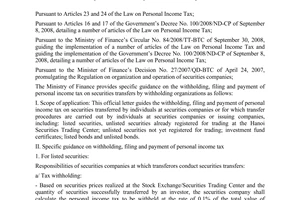 Official Dispatch No. 42/BTC-TCT, on withholding of personal income tax on secur