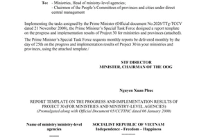 Official Dispatch No. 05/CCTTHC of January 06, 2009, reporting the progress and implementation result of Project 30