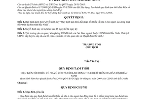 Quyết định 02/2009/QĐ-UBND Quy định tạm thời điều kiện tối thiểu về nhà ở cho người lao động thuê để ở trên địa bàn tỉnh Bắc Ninh
