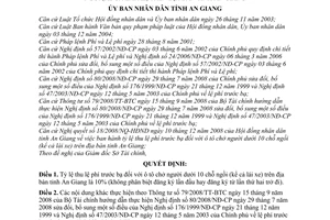 Quyết định  02/2009/QĐ-UBND  tỷ lệ thu lệ phí trước bạ đối với ô tô chở người dưới 10 chỗ ngồi trên địa bàn tỉnh An Giang