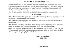 Quyết định 103/QĐ-UBND 2009 chức năng nhiệm vụ quyền hạn Văn phòng UBND Phú Yên