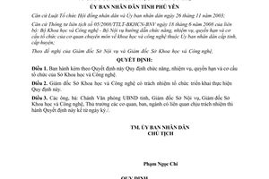 Quyết định 102/QĐ-UBND 2009 chức năng nhiệm vụ Sở Khoa học Công nghệ Phú Yên